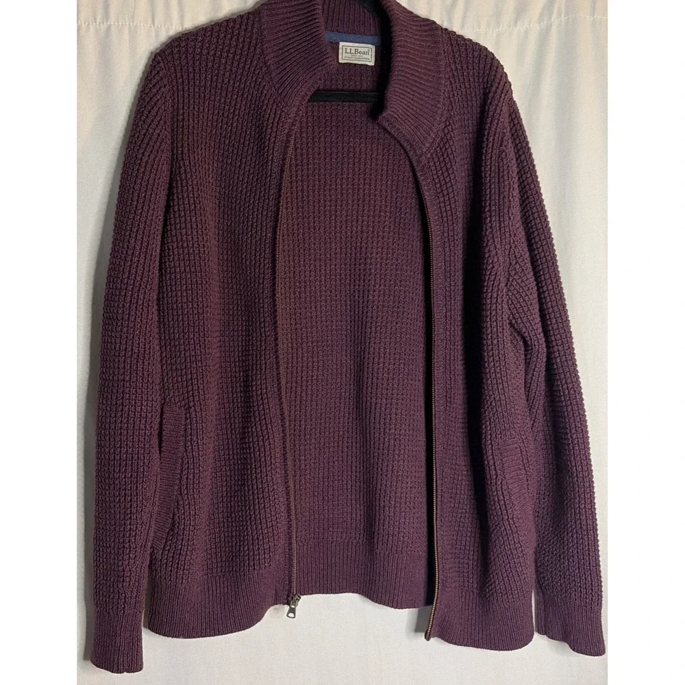Vintage LL Bean Preppy Mens XL Burgundy Organic Cotton Full Zip‎ Knit Cardigan